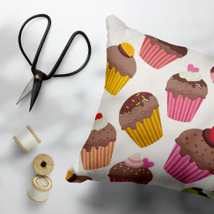 Cupcake Pattern, Muffin Pattern, Chocolate, Hearts Decorative Cushion