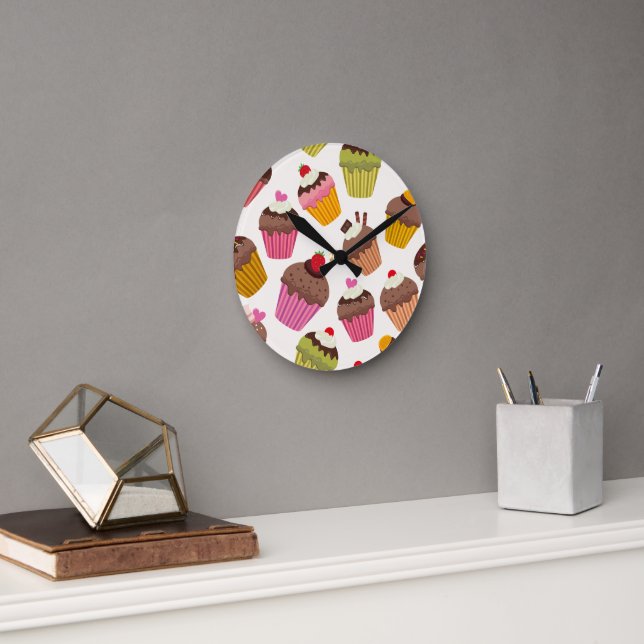 Cupcake Pattern, Muffin Pattern, Chocolate, Hearts Round Clock (Office)