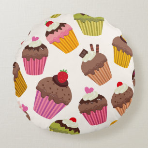 Cupcake Pattern, Muffin Pattern, Chocolate, Hearts Round Cushion