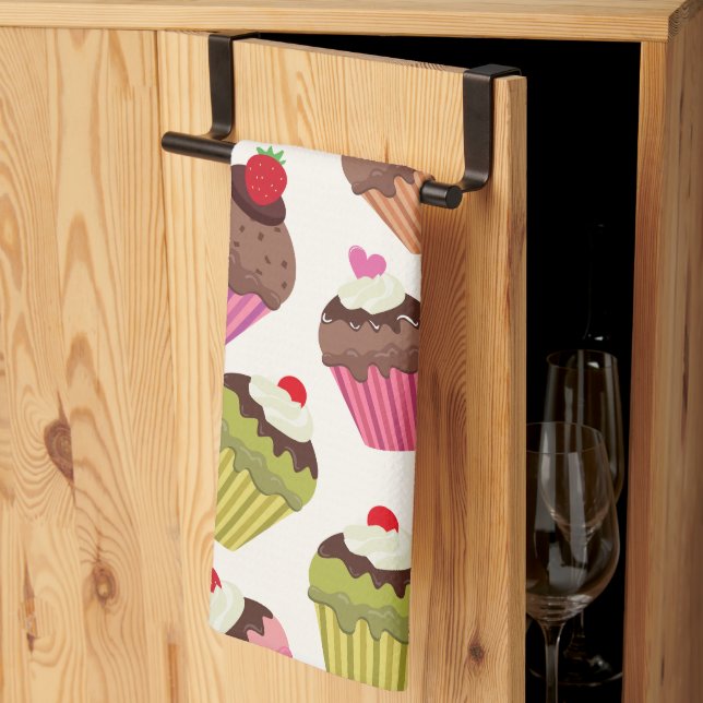 Cupcake Pattern, Muffin Pattern, Chocolate, Hearts Tea Towel (Thirds Fold)