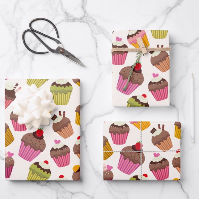 Cupcake Pattern, Muffin Pattern, Chocolate, Hearts Wrapping Paper Sheet (Front)