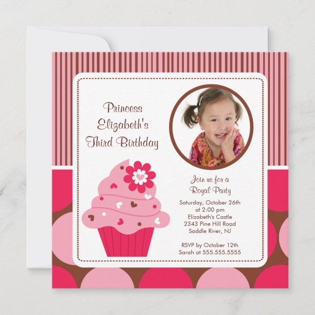 Cupcake Photo Birthday Invitation Pink Flower (Front)