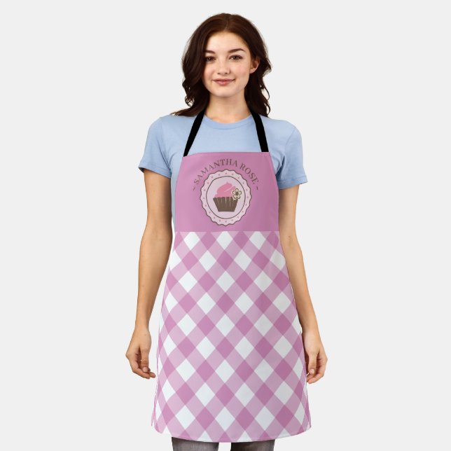 Cupcake Pink and White Plaid Custom Name Apron (Worn)