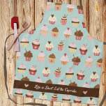 Cupcake Print Pattern on Light Blue Apron<br><div class="desc">Cupcake pattern print apron with caption "Life is Short. Eat the Cupcake." can be edited to personalise with your own name or other text. Created with a repeating pattern of assorted decorated cupcakes on a pale blue background and brown accents</div>