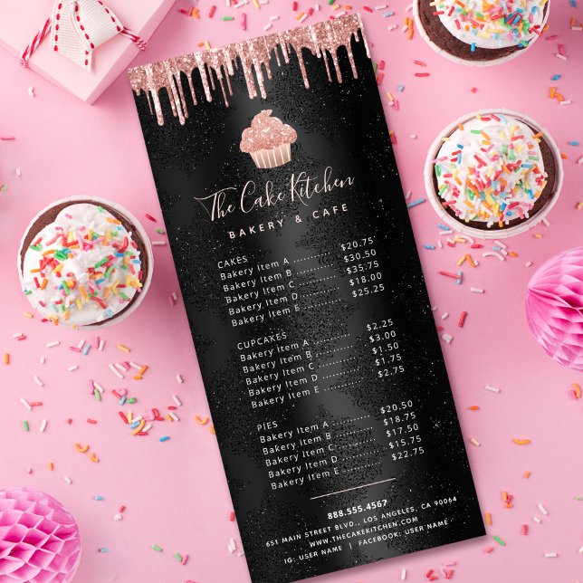 Cupcake Rose Gold Glitter Bakery Chef Black Menu (Creator Uploaded)