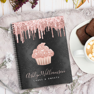Cupcake Rose Gold Glitter Drips Black Bakery Chef Notebook