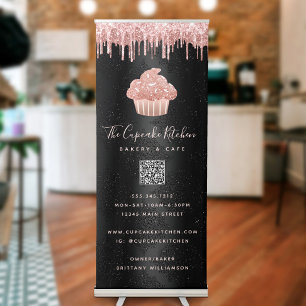 Cupcake Rose Gold Glitter QR Code on Black Bakery Retractable Banner