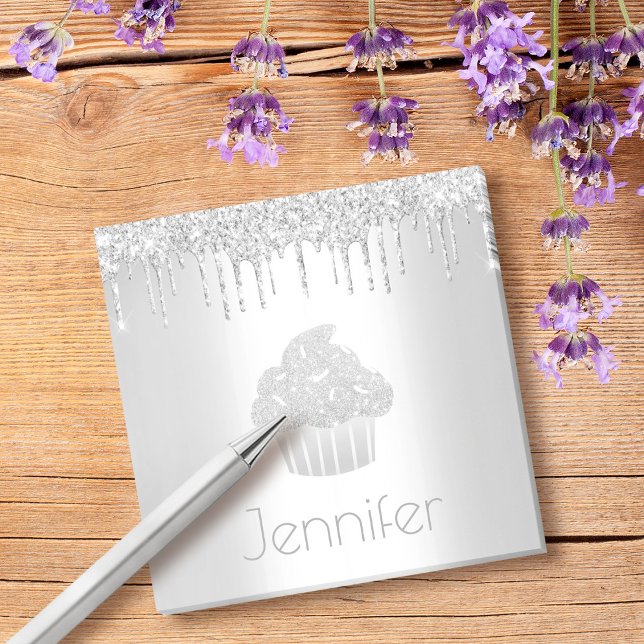 Cupcake silver glitter drips monogram name modern post-it notes (Creator Uploaded)