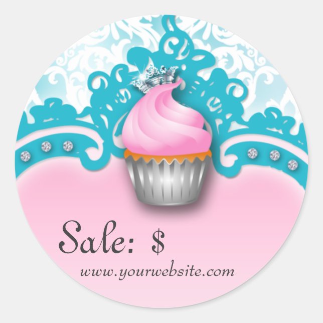Cupcake Sticker Price Tag Crown Damask Blue Pink (Front)