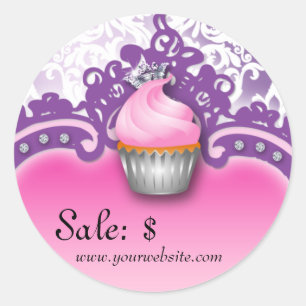 Cupcake Sticker Price Tag Crown Damask Pink Purple