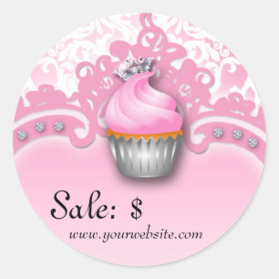 Cupcake Sticker Price Tag Crown Damask Pink White