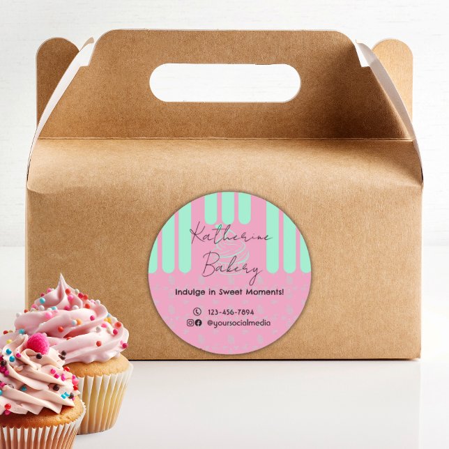 Cupcake Stripes Pink Mint Bakery Business Classic Round Sticker (Creator Uploaded)
