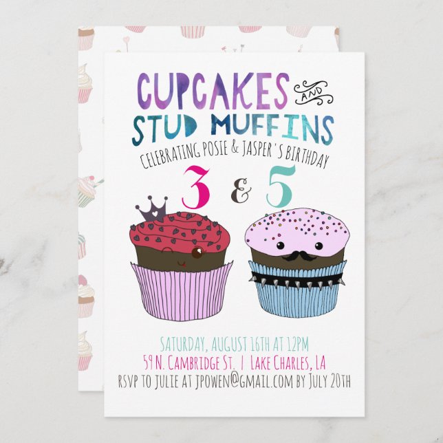 Cupcake & Stud Muffin Joint Party Invitation (Front/Back)