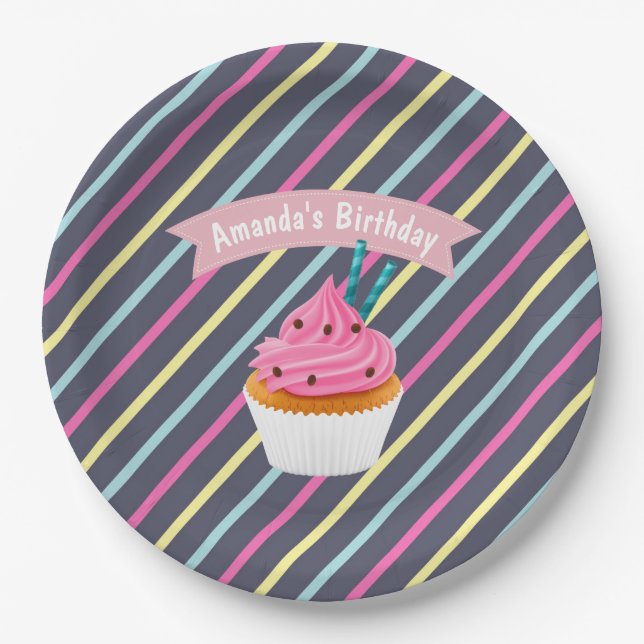 Cupcake themed Birthday Party personalised Paper Plate (Front)