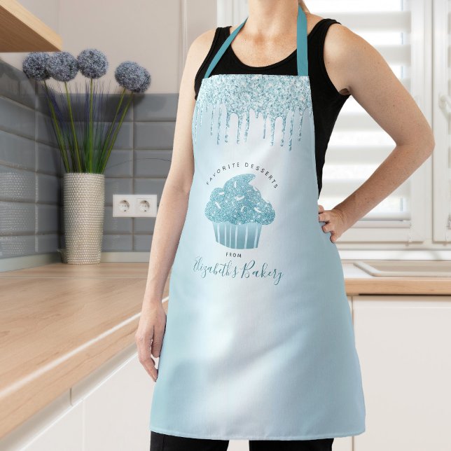 Cupcake Turquoise Glitter Drips Bakery Chef Script Apron (Creator Uploaded)