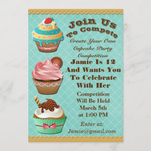 Cupcake Wars Bake Off Birthday Aqua Diamond Invite