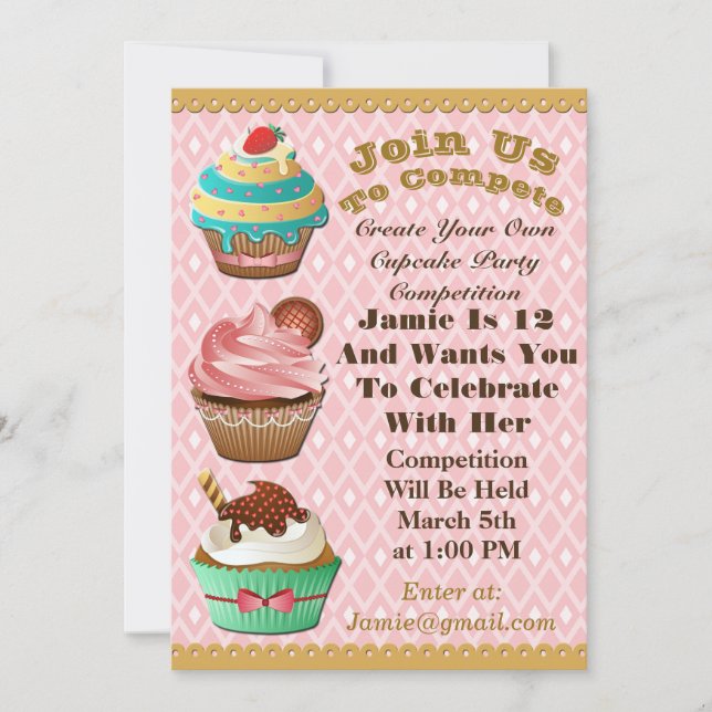 Cupcake Wars Bake Off Birthday Pink Diamond Invite (Front)