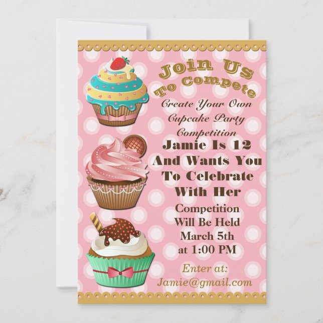 Cupcake Wars Bake Off Birthday Pink Polka Invite (Front)