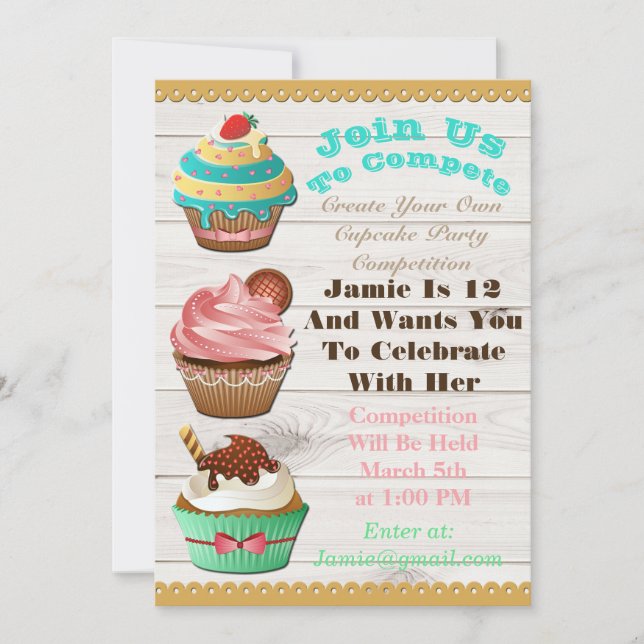 Cupcake Wars Bake Off Birthday White Wooden Invite (Front)