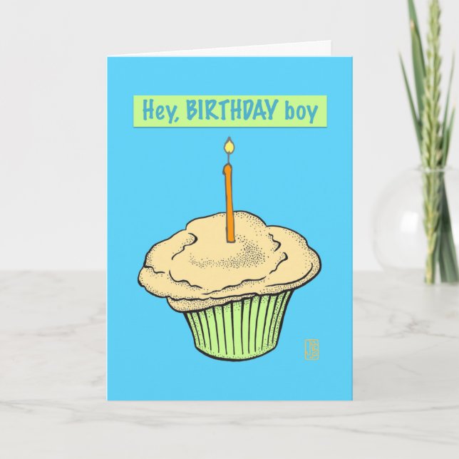 Cupcake with Candle “Hey, Birthday Boy” Card (Front)