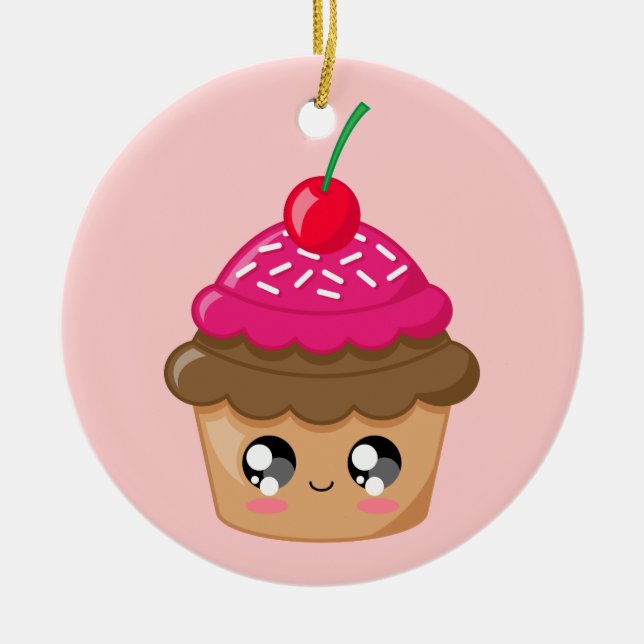 Cupcake with Cherry and Sprinkles Ceramic Tree Decoration (Front)