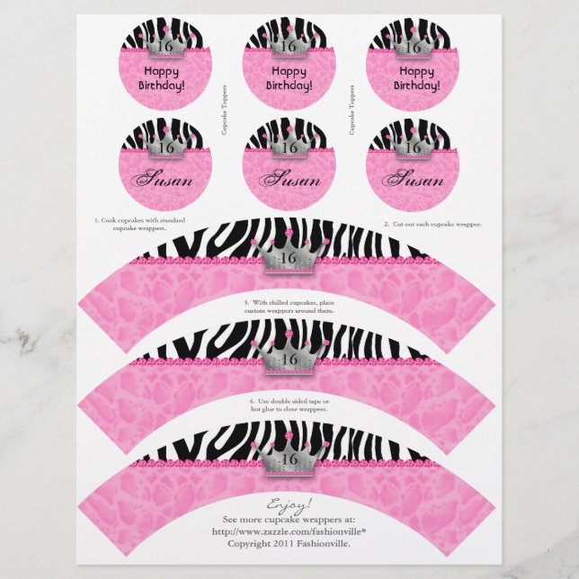 Cupcake Wrappers Princess Crown Zebra w/ Toppers (Front)