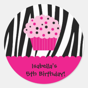 Cupcake Zebra Print Birthday Party Favour Stickers