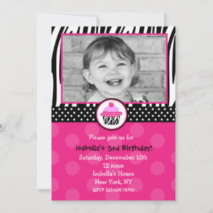 Cupcake Zebra Print Birthday Party Invitations