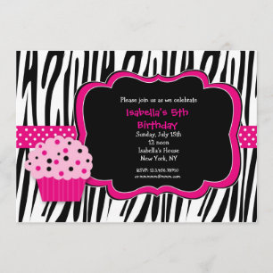 Cupcake Zebra Print Birthday Party Invitations