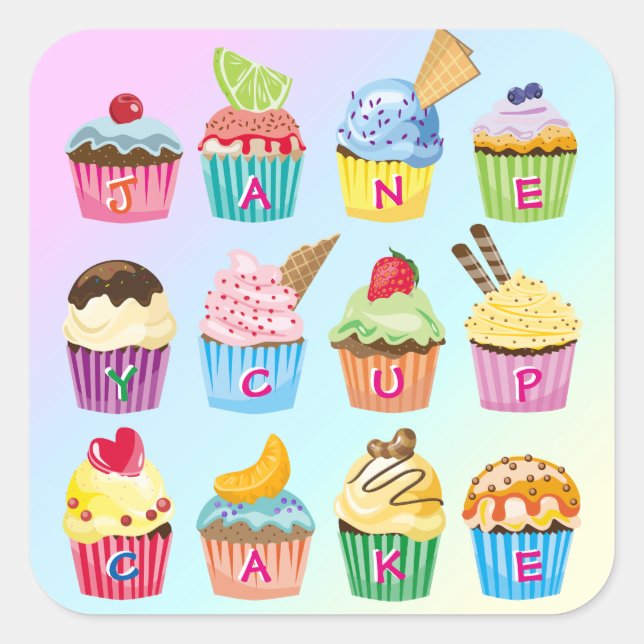 Cupcakes Add Your Name Monogram Delicious Treats Square Sticker (Front)