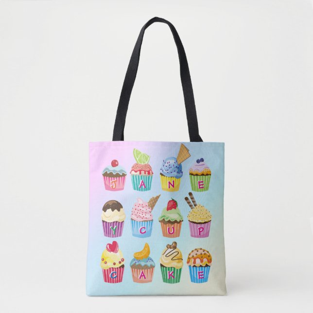 Cupcakes Add Your Name Monogram Delicious Treats Tote Bag (Front)