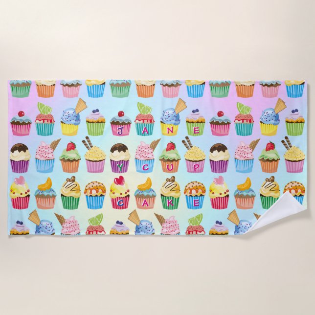 Cupcakes Add Your Name Monogram Muffin Cute Treats Beach Towel (Front)