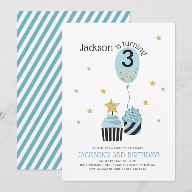 Cupcakes & Balloon Faux Glitter Boy's Birthday Invitation (Front/Back)