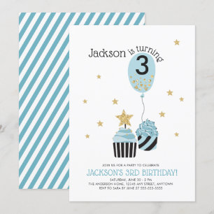 Cupcakes & Balloon Faux Glitter Boy's Birthday Invitation