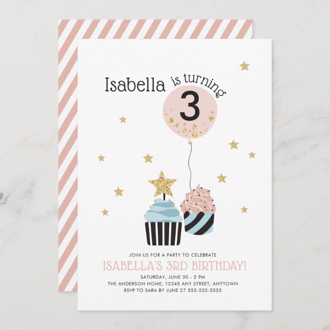 Cupcakes & Balloon | Faux Glitter Child's Birthday Invitation (Front/Back)