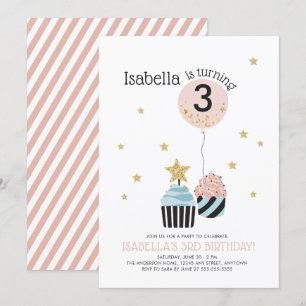 Cupcakes & Balloon   Faux Glitter Child's Birthday Invitation