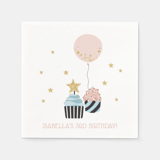 Cupcakes & Balloon | Faux Glitter Girl's Birthday Napkin (Front)