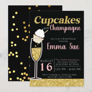 Cupcakes & Champagne Black & Gold Bridal shower  Invitation