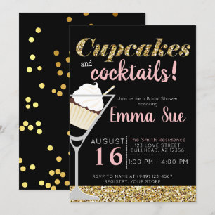 Cupcakes & Cocktails Black & Gold Bridal shower Invitation