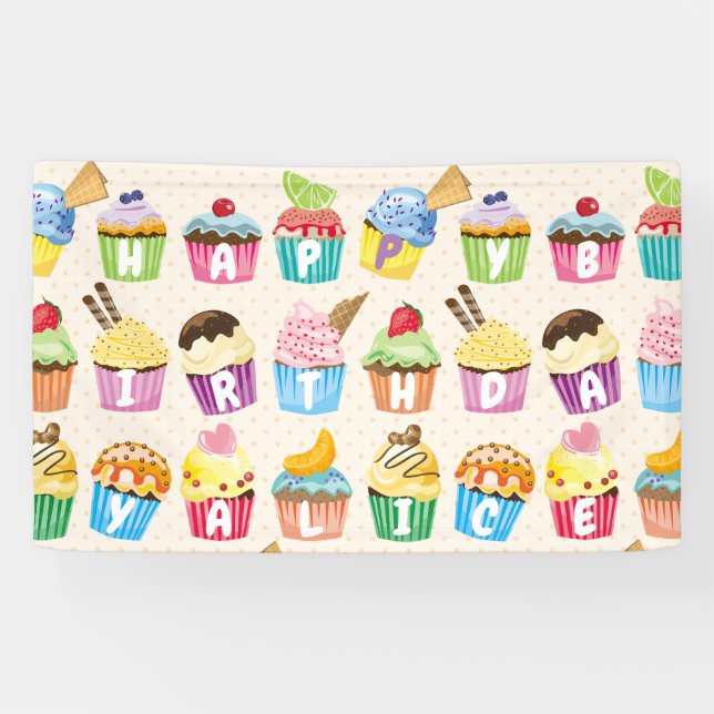 Cupcakes Happy Birthday Add Your Name Cute Goodies Banner (Horizontal)