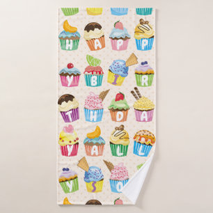 Cupcakes Happy Birthday Add Your Name Cute Goodies Bath Towel