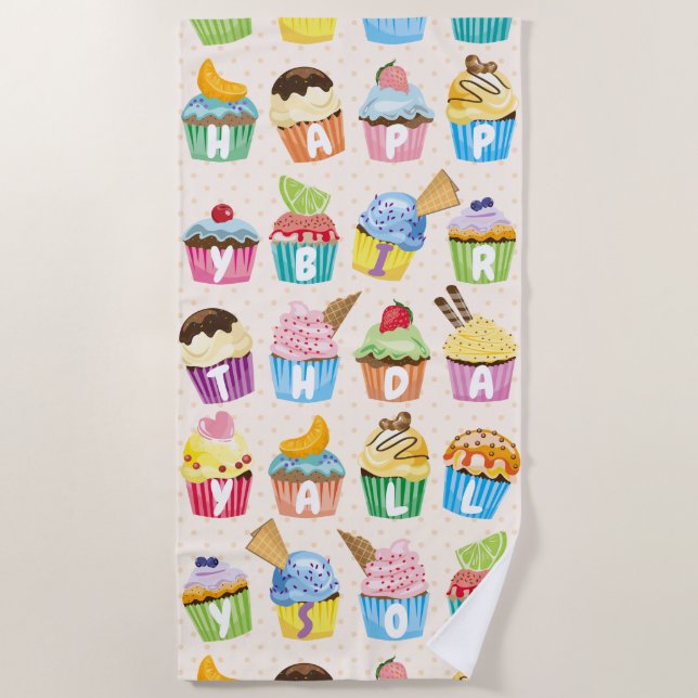 Cupcakes Happy Birthday Add Your Name Cute Goodies Beach Towel (Front)
