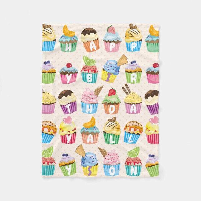 Cupcakes Happy Birthday Add Your Name Cute Goodies Fleece Blanket (Front)