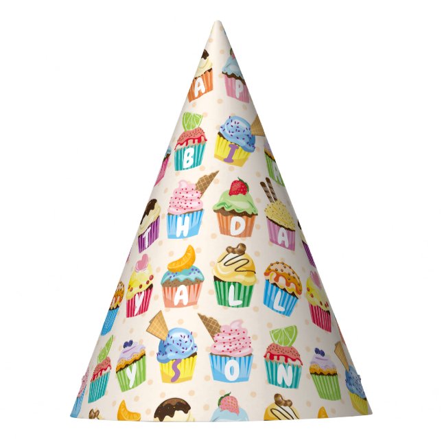 Cupcakes Happy Birthday Add Your Name Cute Goodies Party Hat (Front)