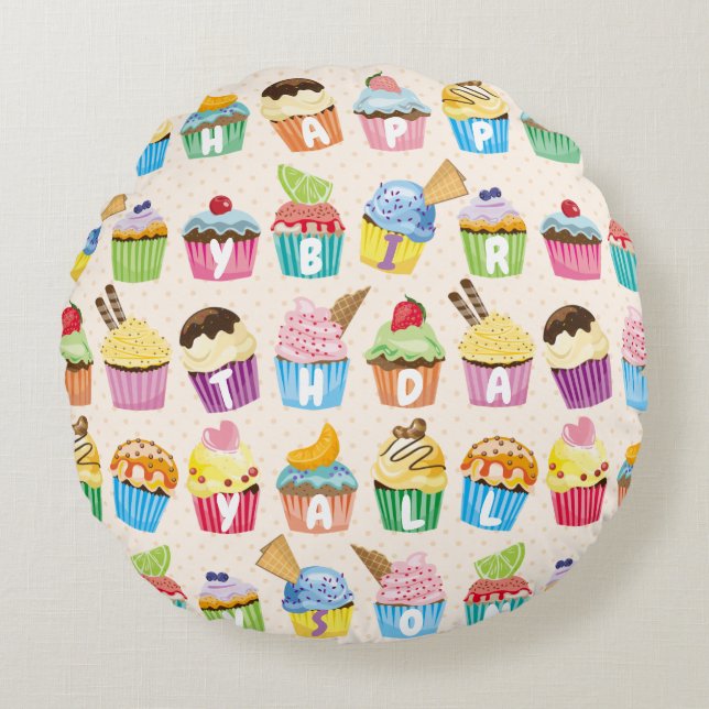 Cupcakes Happy Birthday Add Your Name Cute Goodies Round Cushion (Front)