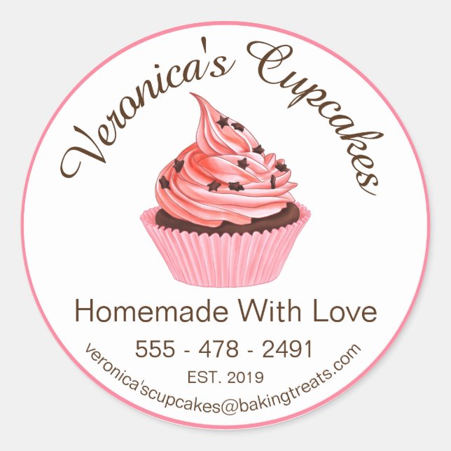 Cupcakes Homemade With Love With Contact Details Classic Round Sticker (Front)