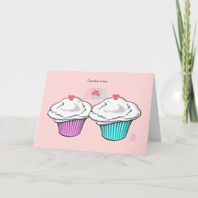 Cupcakes in Love VanillaVanillaPinkBlue Valentine Card (Front)