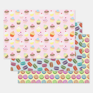 Cupcakes Macaroons and Candy Swirls Patterns Wrapping Paper Sheet