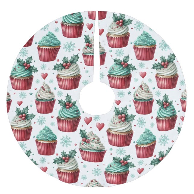 Cupcakes Mistletoe Topping Pink Christmas Brushed Polyester Tree Skirt (Front)