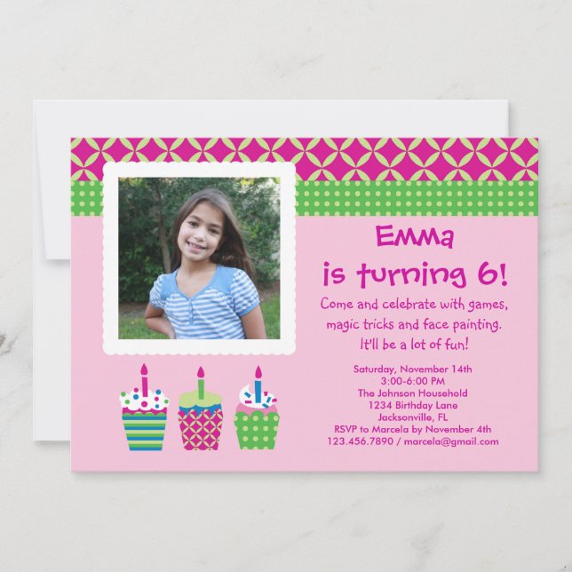 Cupcakes Photo Birthday Girl Invitation (Front)
